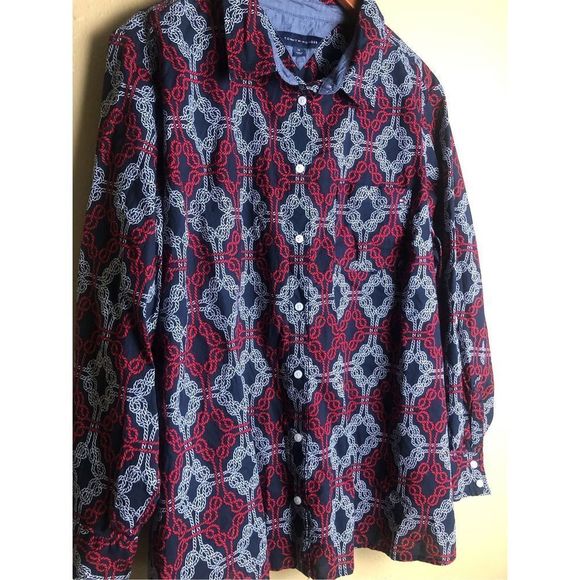 TOMMY HILFIGER Navy w/ Red & White Knotted Rope Print Tabbed Sleeve Shirt Sz 1X - Picture 4 of 13